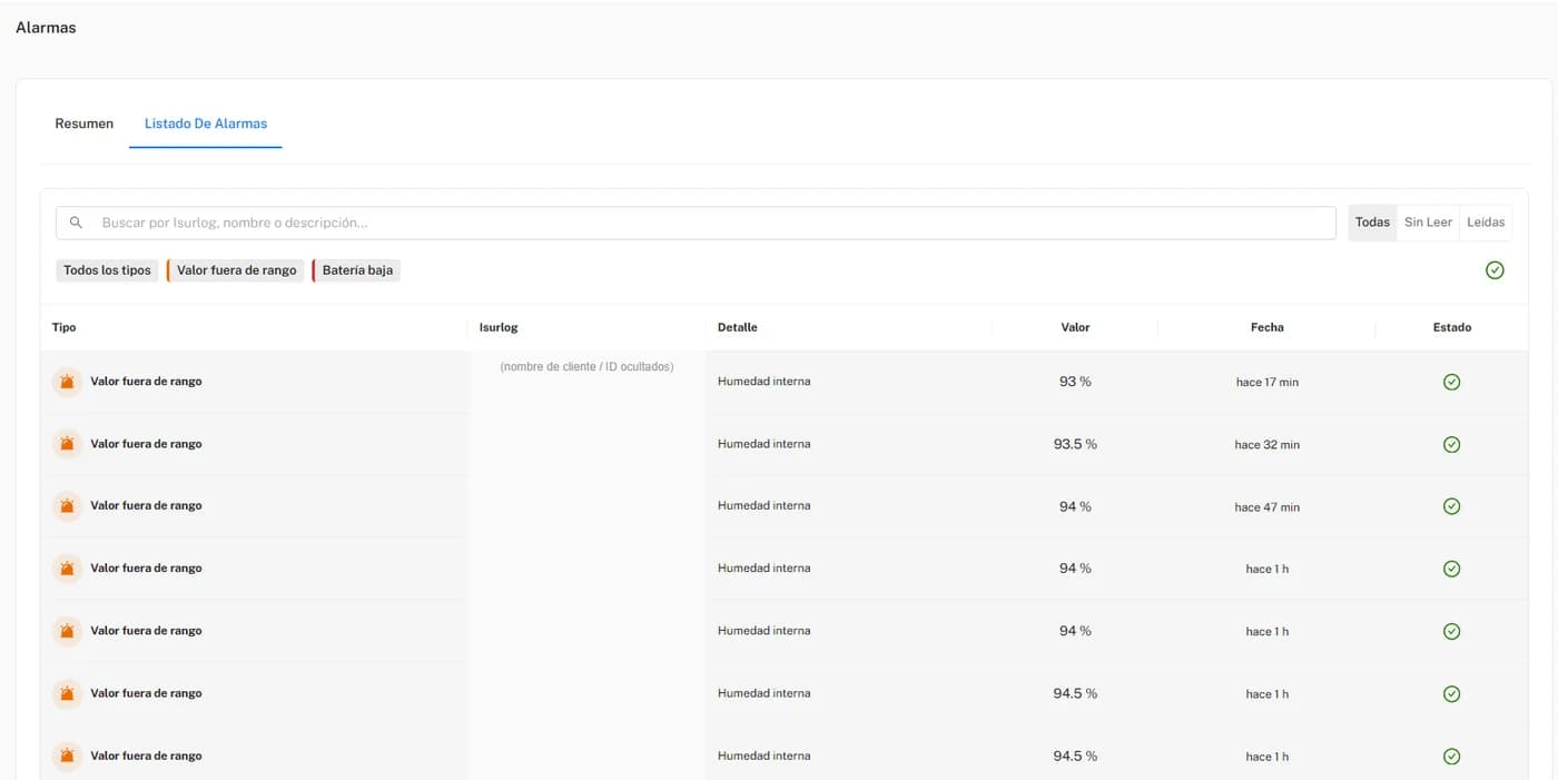 IsurDash alarm list with filters by type and status