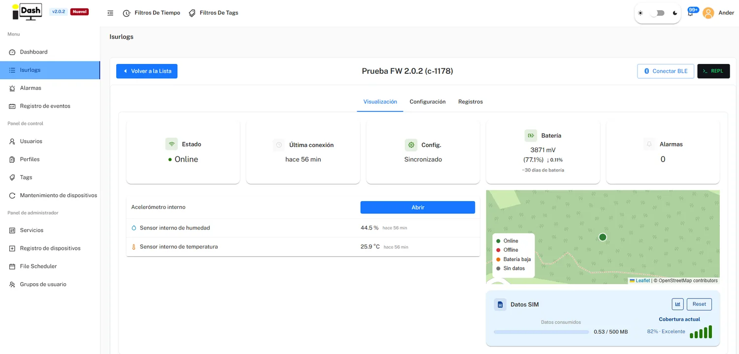 IsurLog device page in IsurDash: status, configuration, alarms, battery and sensor values
