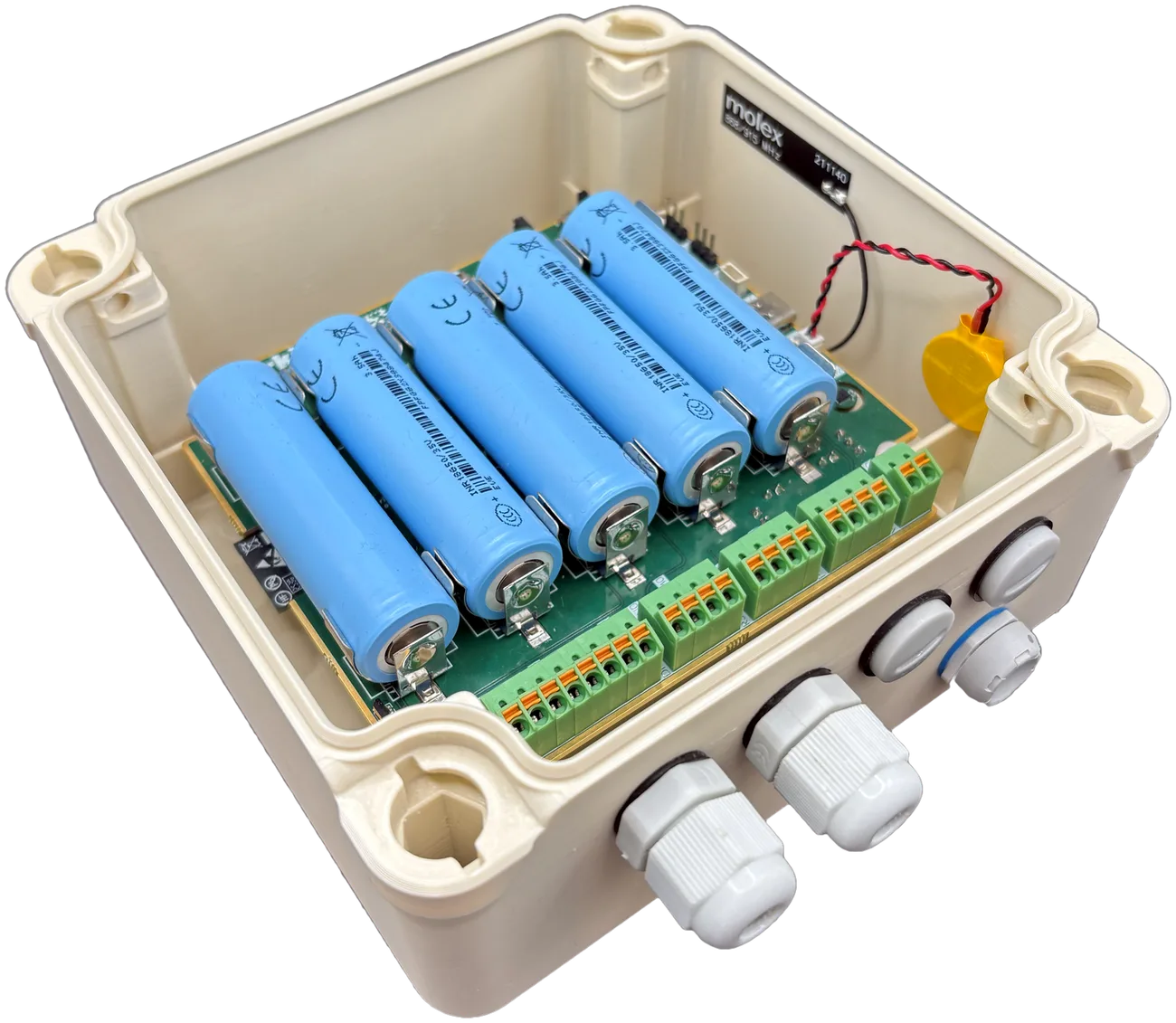 IsurLog datalogger, open, showing the board and cable glands